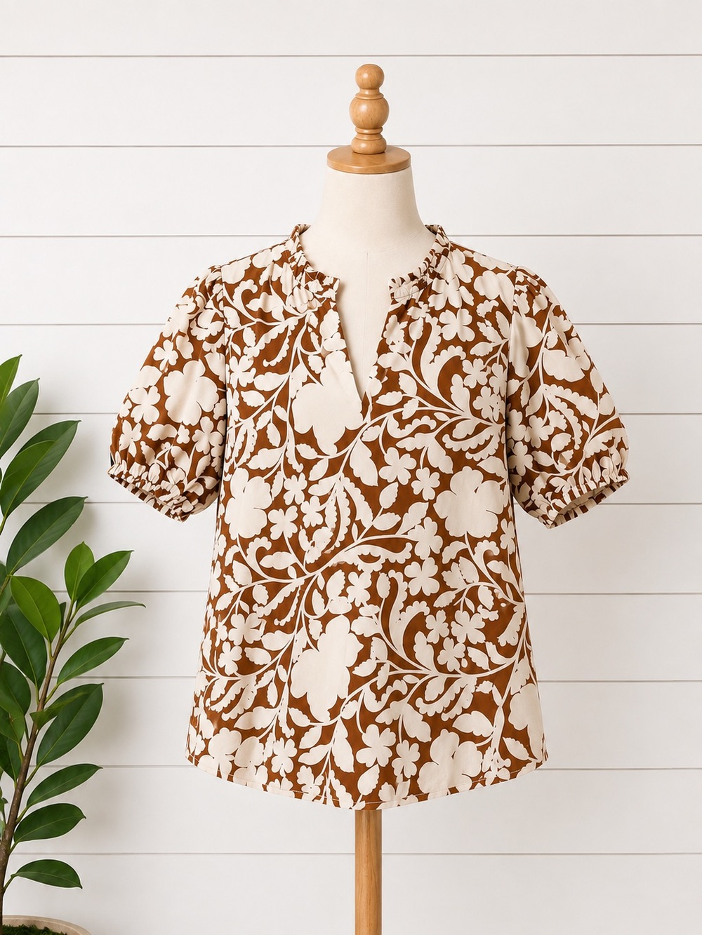Sugarlips Floral Puff Sleeve 100% Cotton Split Neck Top - Brown & Cream - Picture 1 of 8